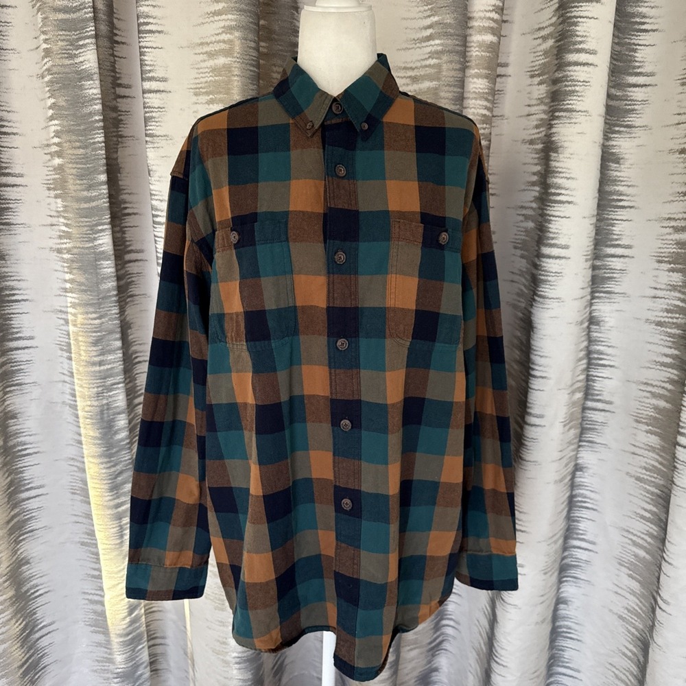 Duluth Trading Co Mens 2XL Tall Flannel Shirt Relaxed Fit Plaid Cotton Orange